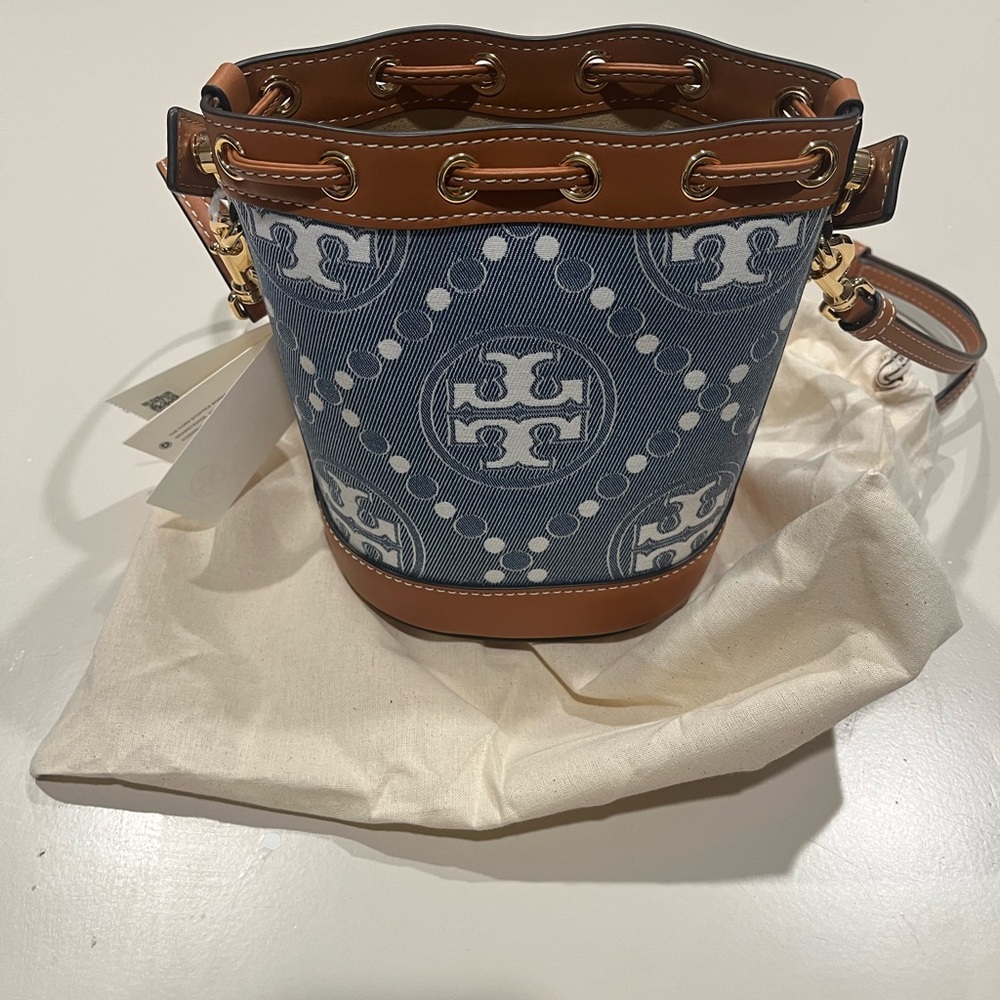 Tory Burch Denim Blue and Tan Bucket Bag
